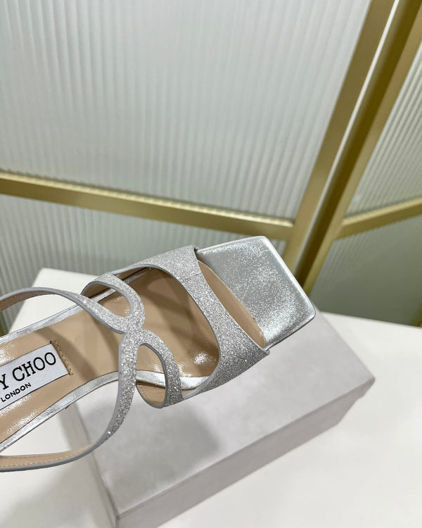 Jimmy Anise 85 in pelle di vacchetta argentata con glitter mules 587698
