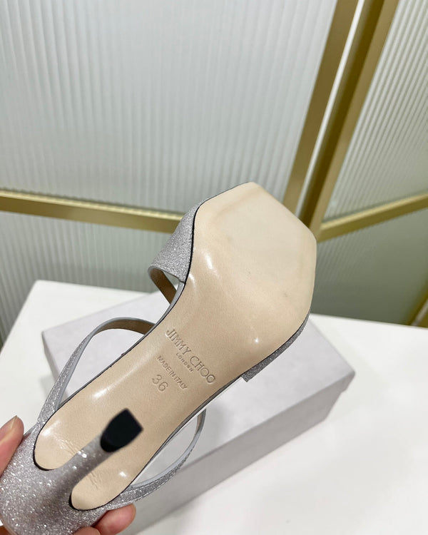 Jimmy Anise 85 in pelle di vacchetta argentata con glitter mules 587698