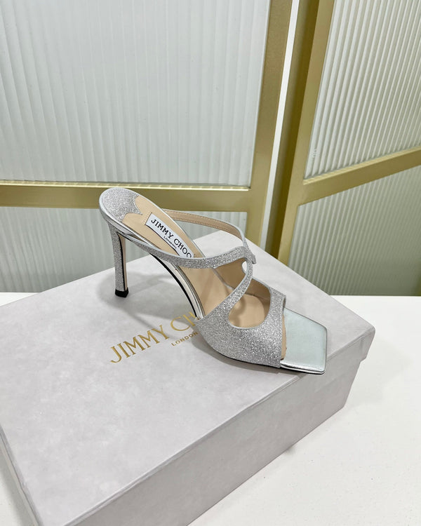 Jimmy Anise 85 in pelle di vacchetta argentata con glitter mules 587698