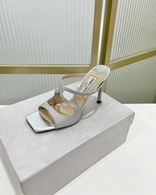 Jimmy Anise 85 in pelle di vacchetta argentata con glitter mules 587698
