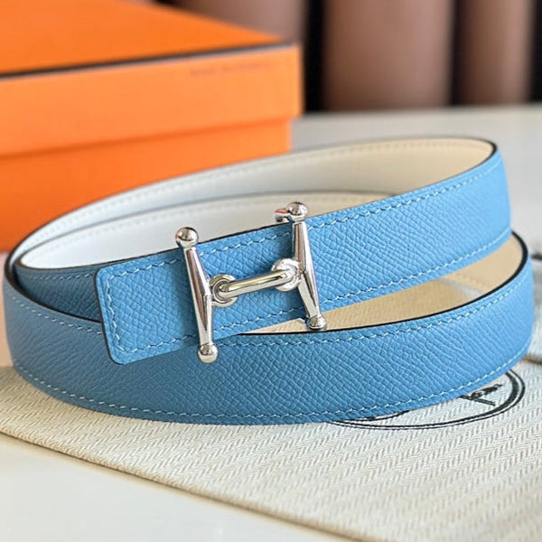 Fibbia HM Silver Mors H e cintura reversibile da 24 mm in pelle blu bianca 125360