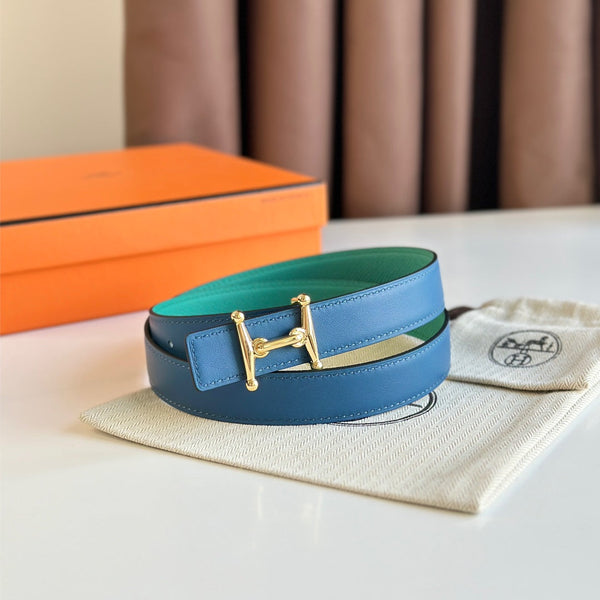 Fibbia HM Gold Mors H e cintura reversibile da 24 mm in pelle blu verde 125357