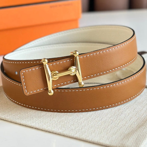 Fibbia HM Gold Mors H e cintura reversibile da 24 mm in pelle marrone bianca 125364