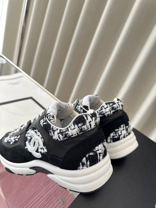 cc sneaker black white tweed black calfskin suede calfskin