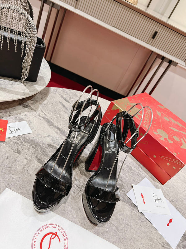 CL Loubi Bee Alta Sandal 13cm Black Patent Leather 825356