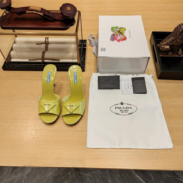Prad 26s Open Toe Mules 100mm In Lime Yellow Patent Calfskin With Logo