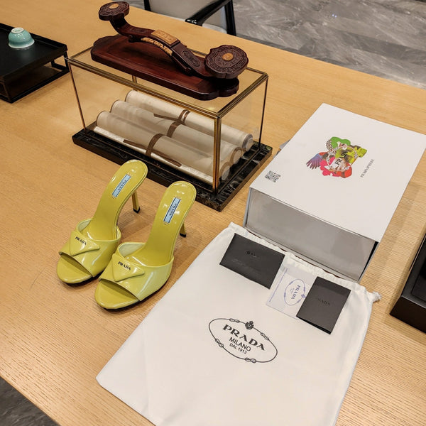 Prad 26s Open Toe Mules 100mm In Lime Yellow Patent Calfskin With Logo