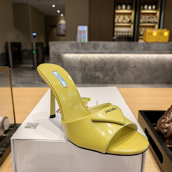 Prad 26s Open Toe Mules 100mm In Lime Yellow Patent Calfskin With Logo