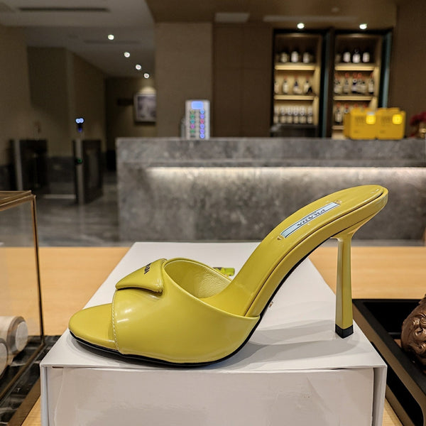 Prad 26s Open Toe Mules 100mm In Lime Yellow Patent Calfskin With Logo