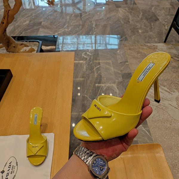 Prad 26s Open Toe Mules 100mm In Lime Yellow Patent Calfskin With Logo