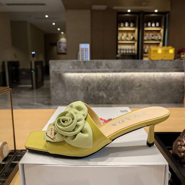 Prad 26s Open Toe Mules 45mm In Lime Yellow Patent Calfskin With Rosette