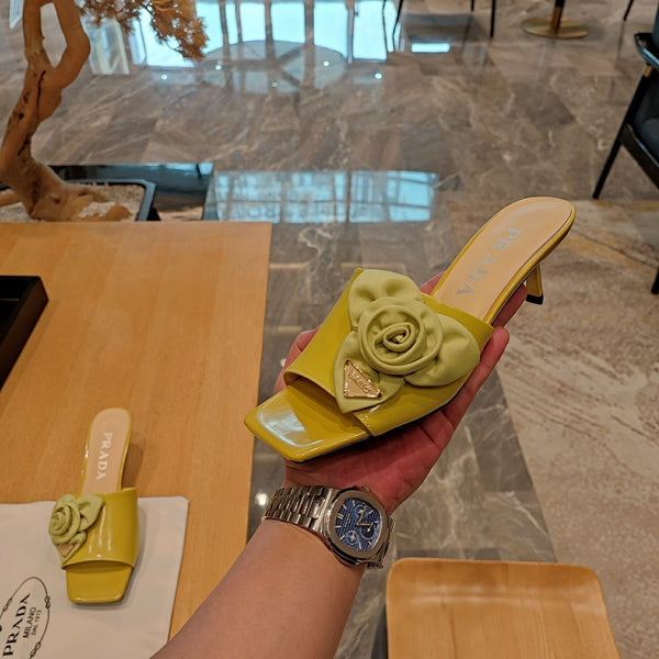 Prad 26s Open Toe Mules 45mm In Lime Yellow Patent Calfskin With Rosette