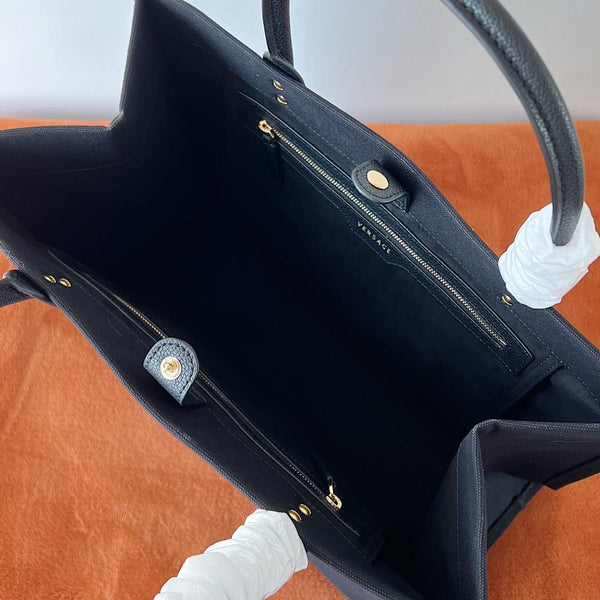 Versace Black Denim Canvas Tote Bag 40 With Cowhide Handle 175560