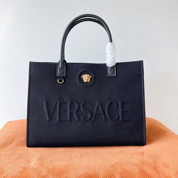 Versace Black Denim Canvas Tote Bag 40 With Cowhide Handle 175560