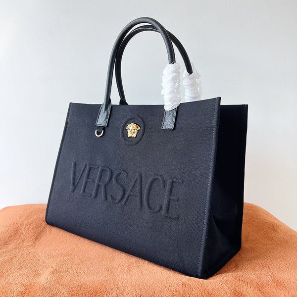 Versace Black Denim Canvas Tote Bag 40 With Cowhide Handle 175560