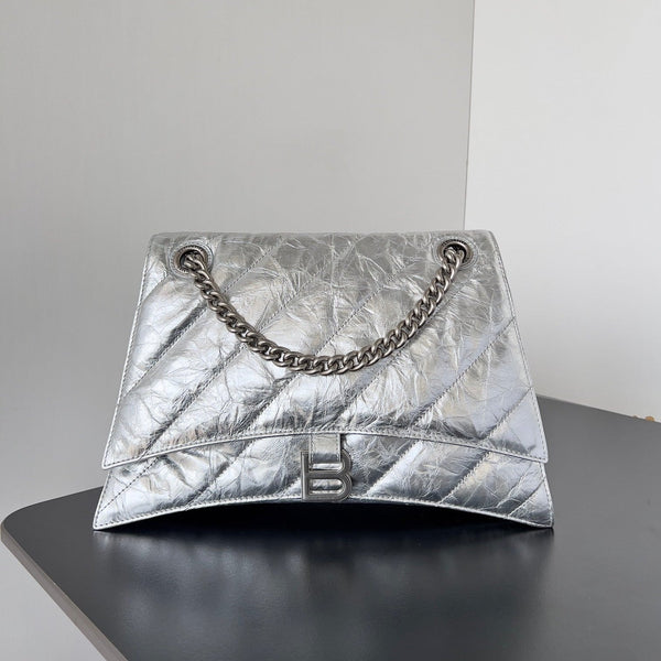 BORSA CRUSH CHAINED 32 IN PELLE DI VITELLO SCHIACCIATA TRAPUNTATA METALLIZZATA ARGENTO