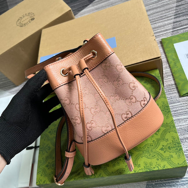 GG OPHIDIA MINI 19 BUCKET TELA ROSA CHIARO E PELLE DI VITELLO