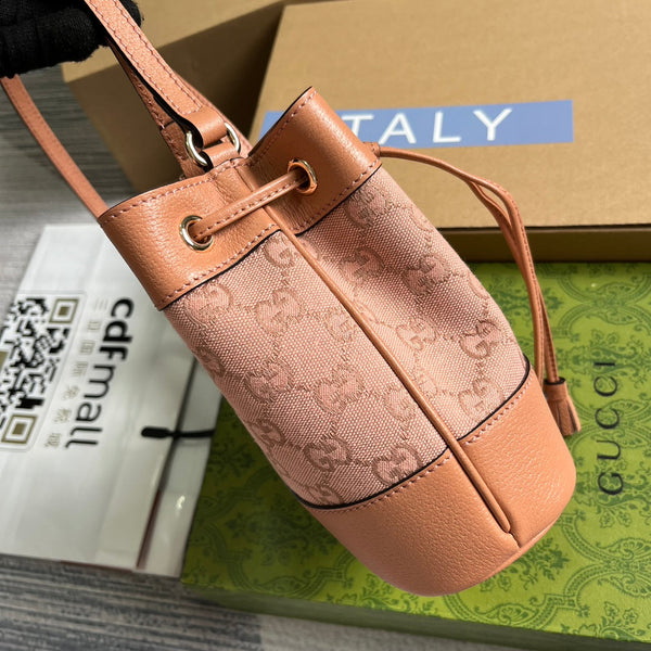 GG OPHIDIA MINI 19 BUCKET TELA ROSA CHIARO E PELLE DI VITELLO