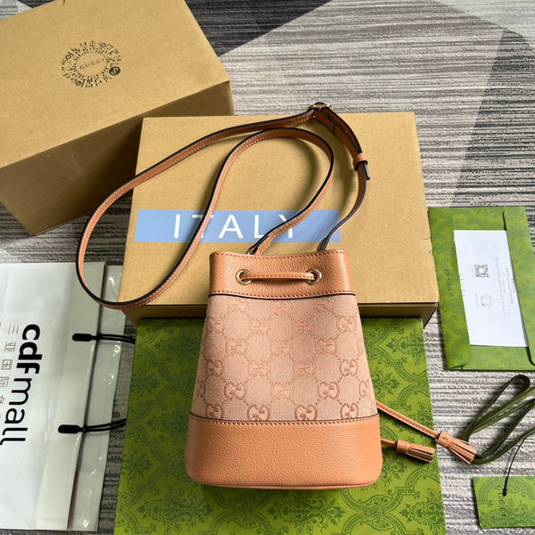 GG OPHIDIA MINI 19 BUCKET TELA ROSA CHIARO E PELLE DI VITELLO