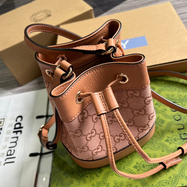 GG OPHIDIA MINI 19 BUCKET TELA ROSA CHIARO E PELLE DI VITELLO