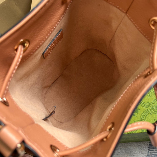GG OPHIDIA MINI 19 BUCKET TELA ROSA CHIARO E PELLE DI VITELLO