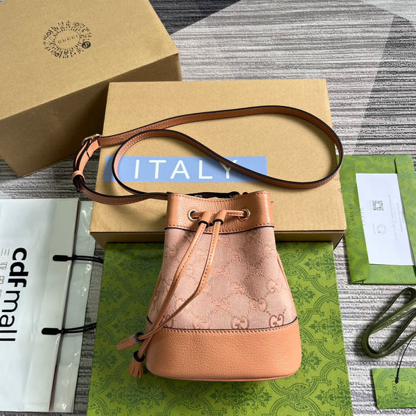 GG OPHIDIA MINI 19 BUCKET TELA ROSA CHIARO E PELLE DI VITELLO
