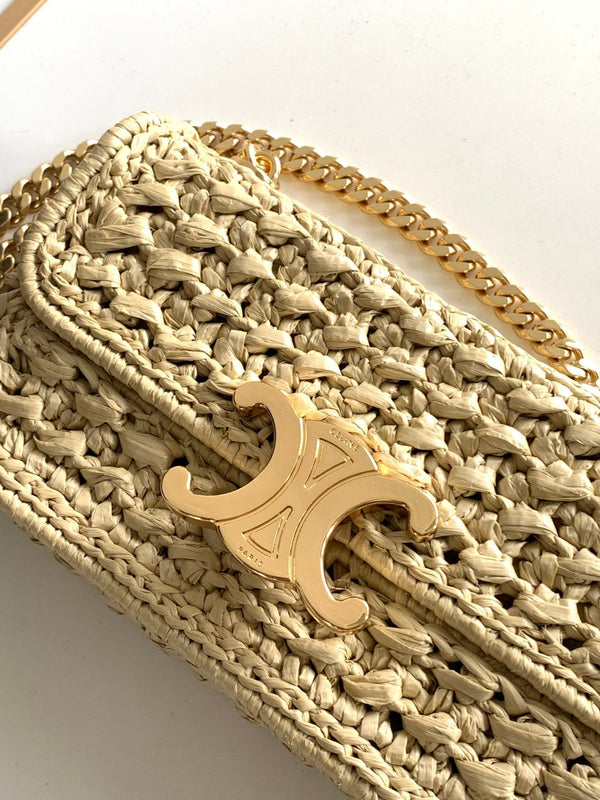 CL Triomphe 20cm Light Beige Raffia Gold Hardware
