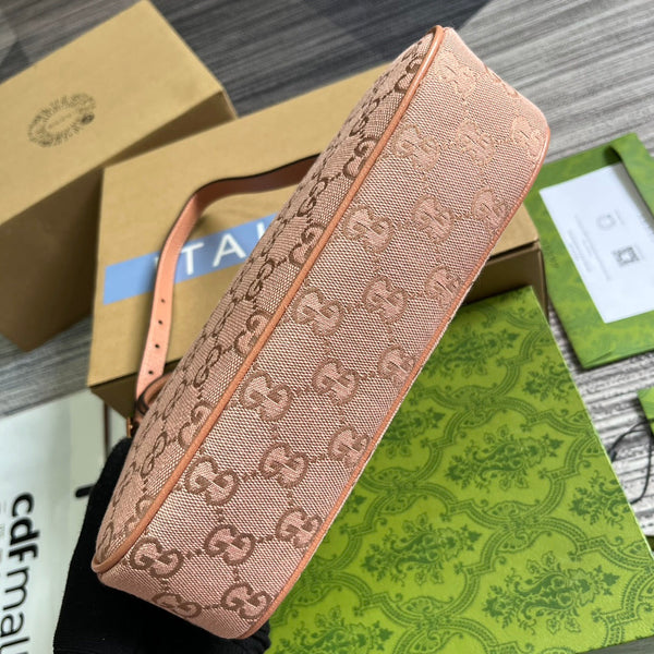 BORSA A MANO OPHIDIA GG SMALL 25 IN TELA ROSA CHIARO E PELLE DI VITELLO