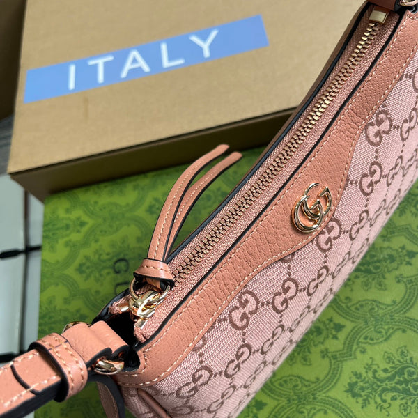 BORSA A MANO OPHIDIA GG SMALL 25 IN TELA ROSA CHIARO E PELLE DI VITELLO