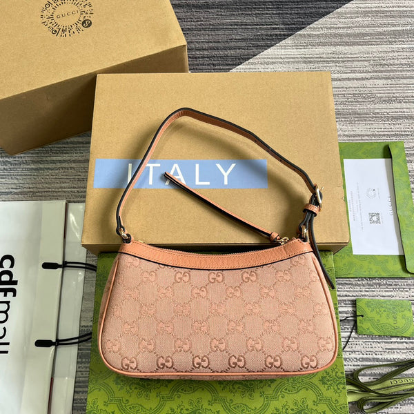 BORSA A MANO OPHIDIA GG SMALL 25 IN TELA ROSA CHIARO E PELLE DI VITELLO