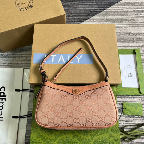 BORSA A MANO OPHIDIA GG SMALL 25 IN TELA ROSA CHIARO E PELLE DI VITELLO