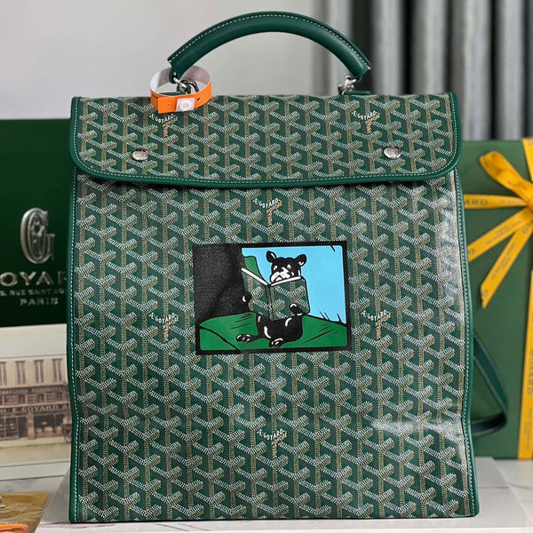 ZAINO SAINT LÉGER 35 IN TELA GOYARDINE VERDE E PELLE DI VITELLO CON PATCH CARTONI ANIMATI