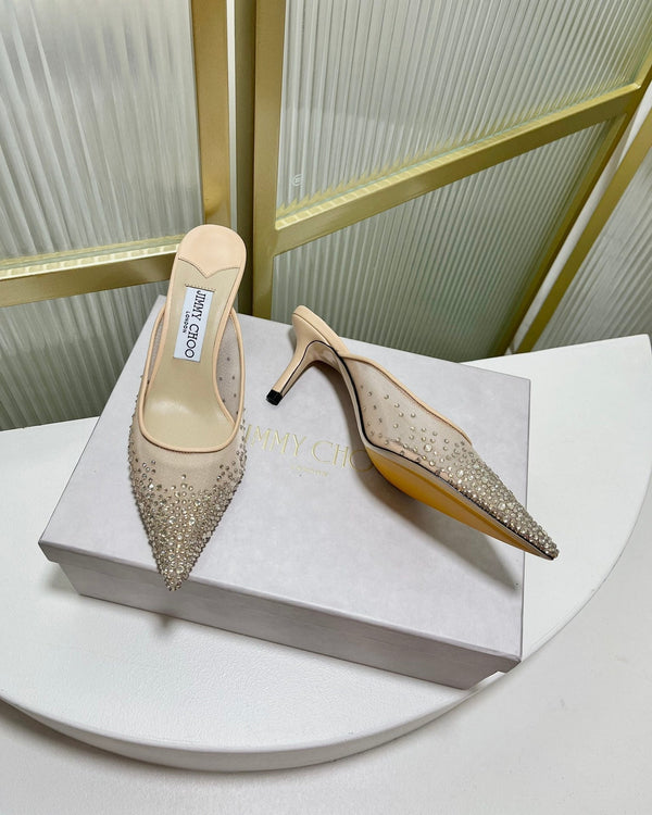 Jimmy Mule 65mm in tessuto a rete beige con cristalli Swarovski 597880