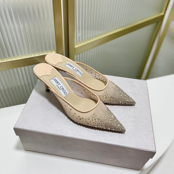 Jimmy Mule 65mm in tessuto a rete beige con cristalli Swarovski 597880