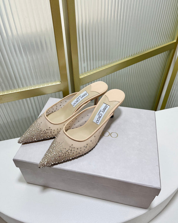 Jimmy Mule 65mm in tessuto a rete beige con cristalli Swarovski 597880
