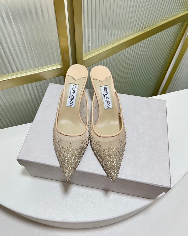Jimmy Mule 65mm in tessuto a rete beige con cristalli Swarovski 597880