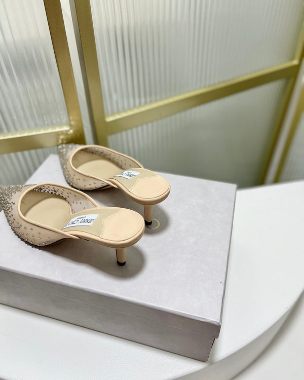 Jimmy Mule 65mm in tessuto a rete beige con cristalli Swarovski 597880