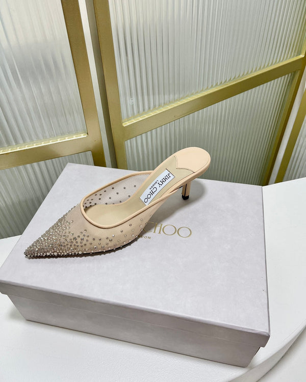 Jimmy Mule 65mm in tessuto a rete beige con cristalli Swarovski 597880