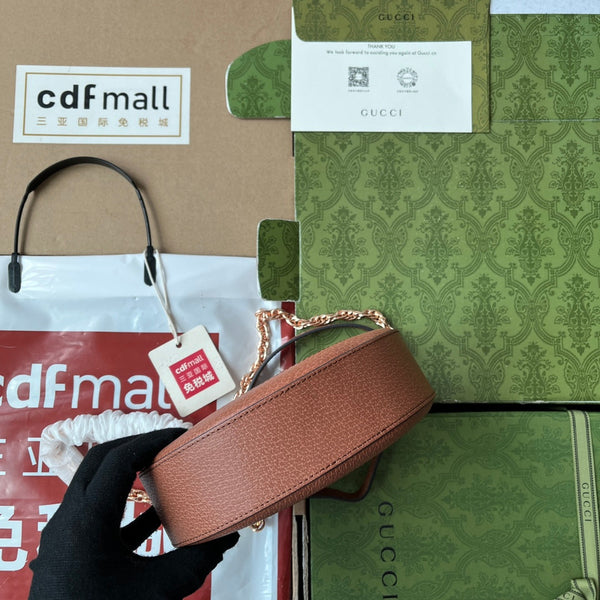 BORSA A TRACOLLA ROTONDA MINI OPHIDIA 18 IN TELA ROSA CIPRIA E RIFINITURE IN PELLE MARRONE