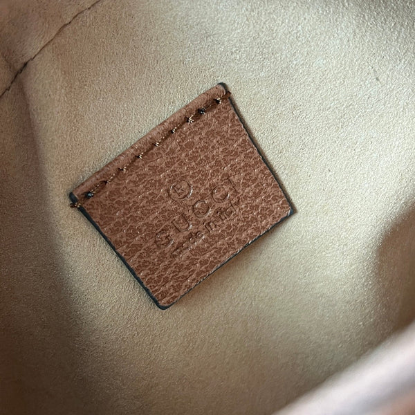 BORSA A TRACOLLA ROTONDA MINI OPHIDIA 18 IN TELA ROSA CIPRIA E RIFINITURE IN PELLE MARRONE