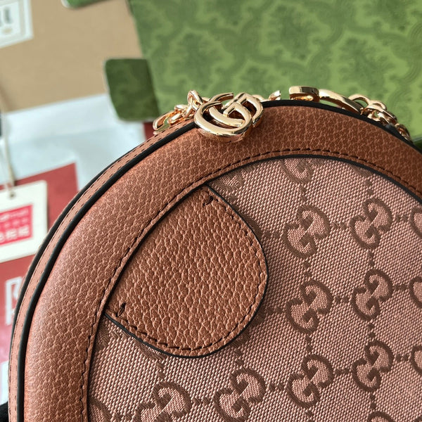 BORSA A TRACOLLA ROTONDA MINI OPHIDIA 18 IN TELA ROSA CIPRIA E RIFINITURE IN PELLE MARRONE