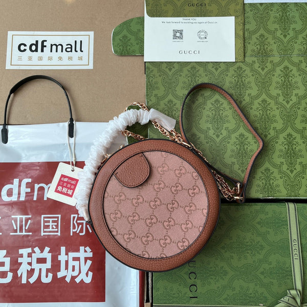 BORSA A TRACOLLA ROTONDA MINI OPHIDIA 18 IN TELA ROSA CIPRIA E RIFINITURE IN PELLE MARRONE