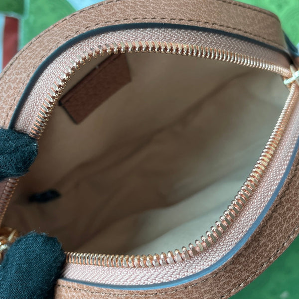 BORSA A TRACOLLA ROTONDA MINI OPHIDIA 18 IN TELA ROSA CIPRIA E RIFINITURE IN PELLE MARRONE