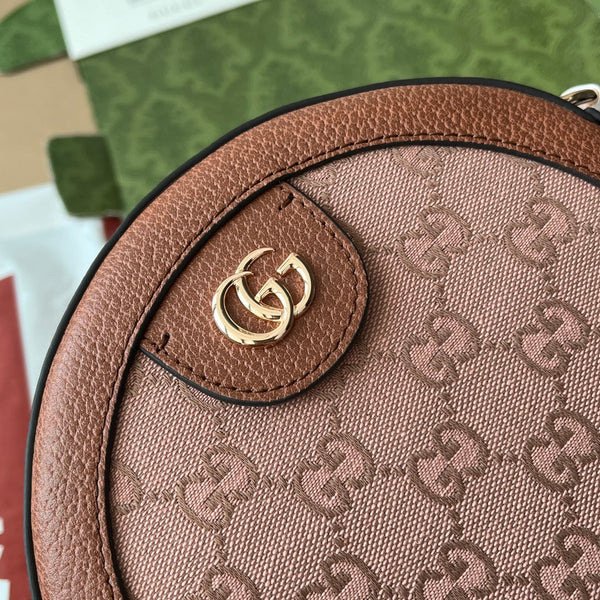 BORSA A TRACOLLA ROTONDA MINI OPHIDIA 18 IN TELA ROSA CIPRIA E RIFINITURE IN PELLE MARRONE