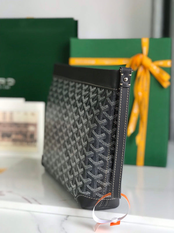 CONTI POUCH 24 IN GREY BLACK LAMBSKIN AND GOYARDINE CANVAS