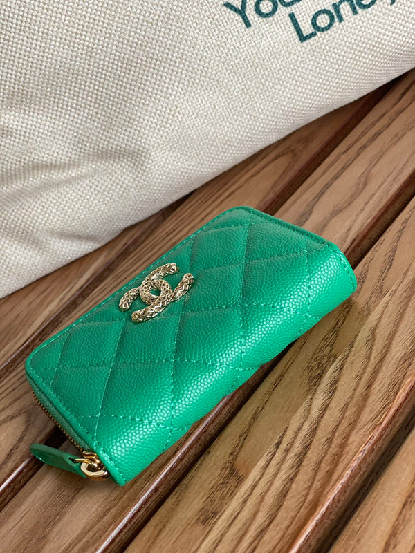 Portafoglio con cerniera cc 11 cm verde caviale hardware oro