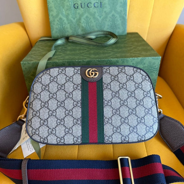 GG OPHIDIA SMALL 24 IN TELA BEIGE E PELLE DI VITELLO MARRONE