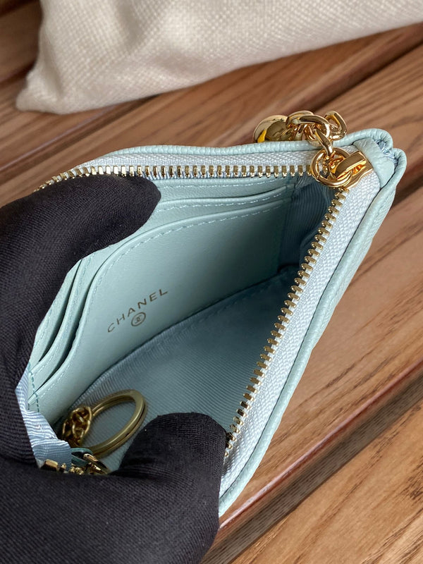 Portafoglio con cerniera cc 14 cm blu nuvola chiaro caviale hardware oro