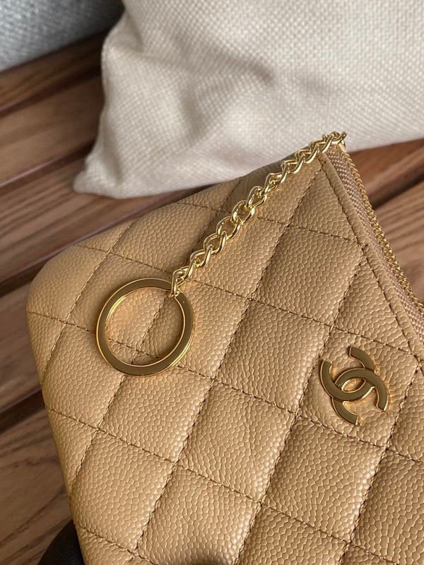 Portafoglio con cerniera cc 14 cm beige caviale hardware oro