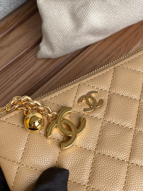 Portafoglio con cerniera cc 14 cm beige caviale hardware oro